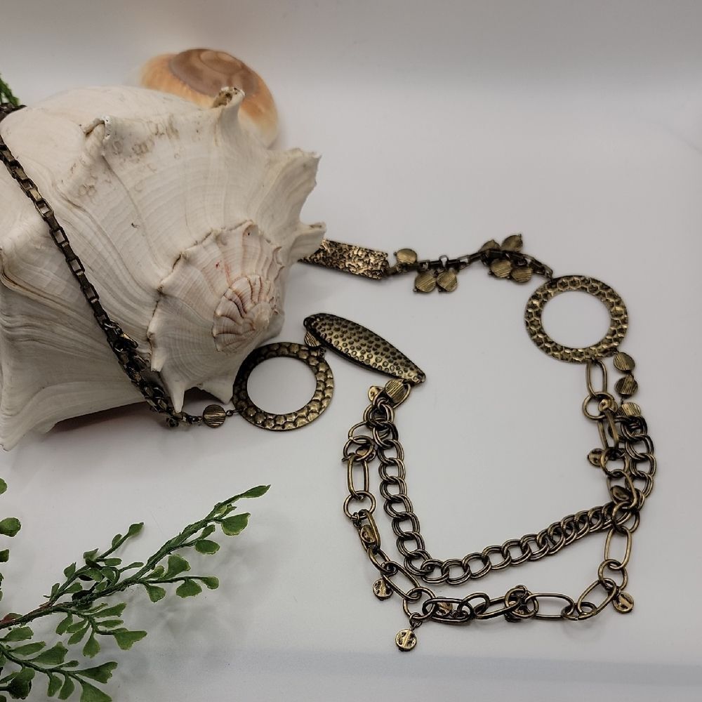 Chicos Statement Necklace Hammered Brass With Loops 36" - 40"